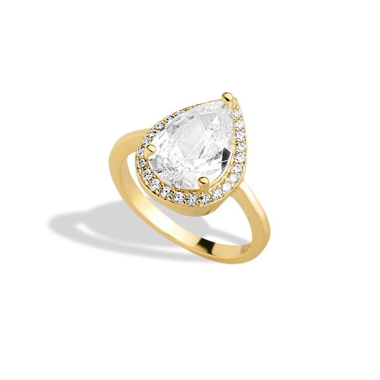 Anel com Zircônia Gota e Halo Cravejado